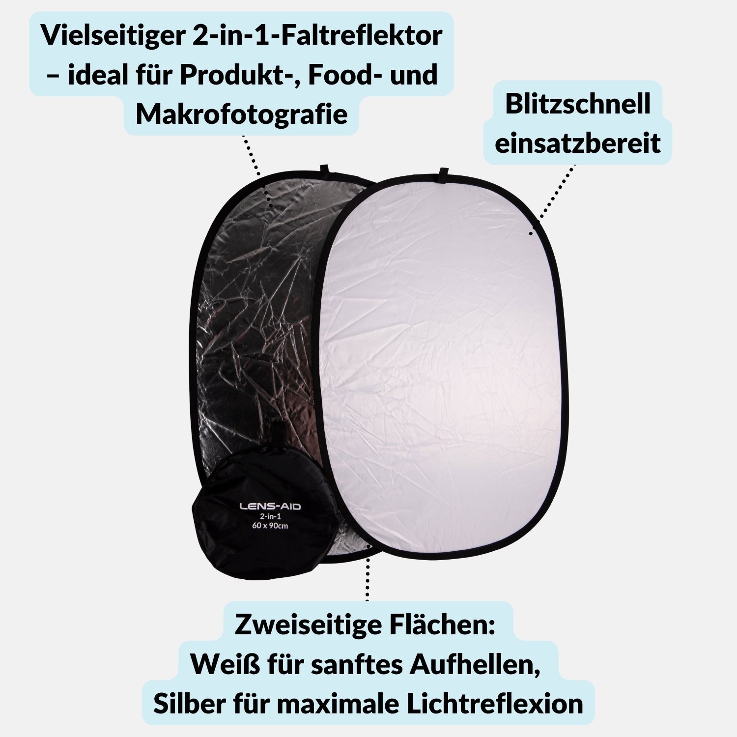 2-in-1 Faltreflektor (60x90cm) mit Tasche fürs Fotostudio & Outdoor - Kamera & Foto > Fotostudio-Ausrüstung >
