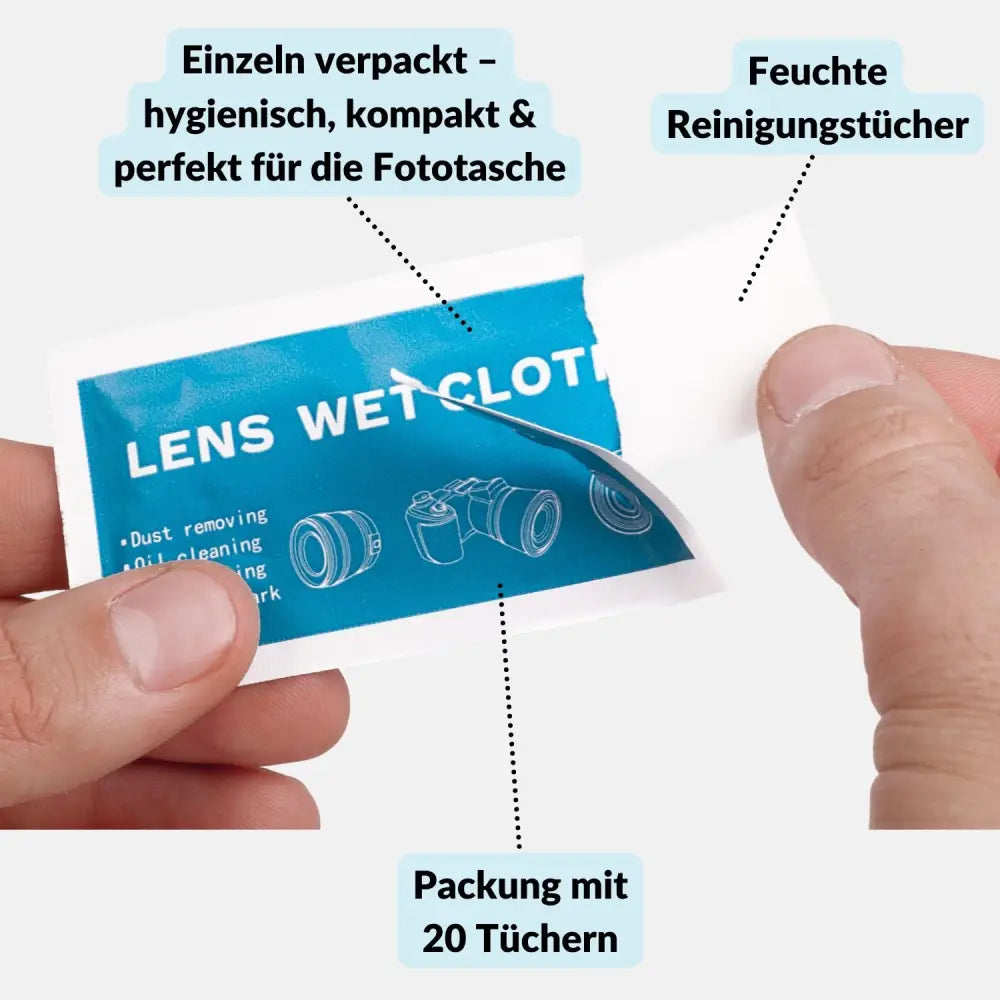 20 Feuchte Reinigungstücher für Objektivlinsen Handydisplay & Brille - Kamera & Foto > Kamerazubehör > Kamerareinigung