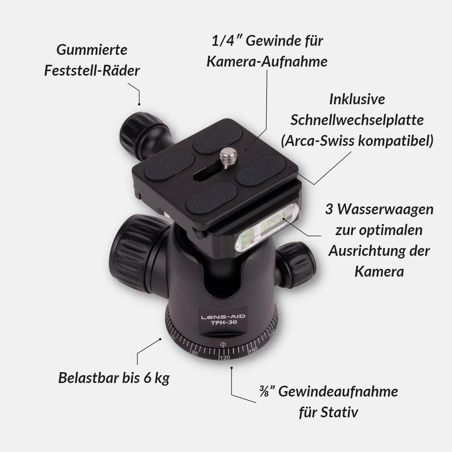 360° Stativkopf TPH-30 mit Schnellwechselplatte - Kamera & Foto > Stative Einbeinstative Stativzubehör Stativköpfe