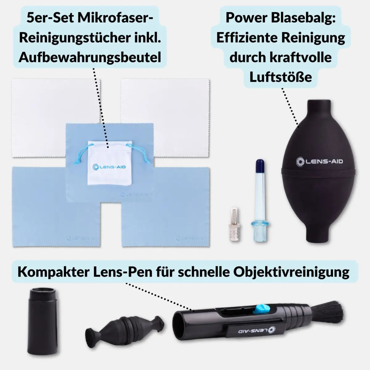 3er-Set: Blasebalg Lens-Pen und Mikrofasertücher - Kamera & Foto > Kamerazubehör > Kamerareinigung > Reinigungssets