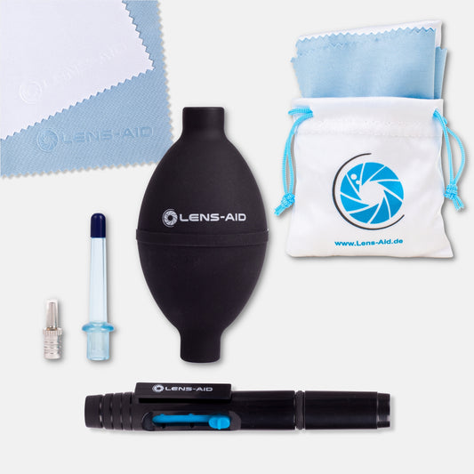 3er-Set: Blasebalg, Lens-Pen und Mikrofasertücher