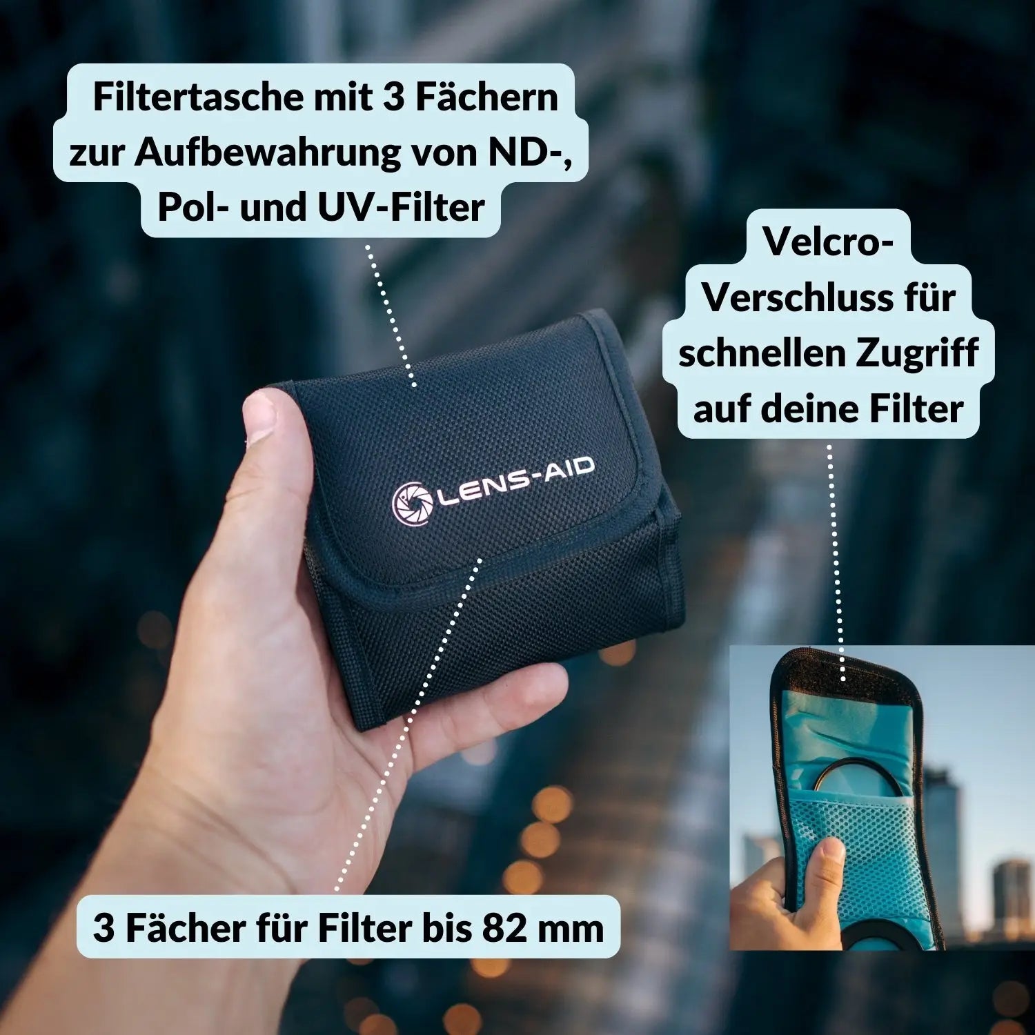 Filtertasche bis 82mm – 3 oder 9 Fächer für Kamera-Rundfilter – Lens-Aid