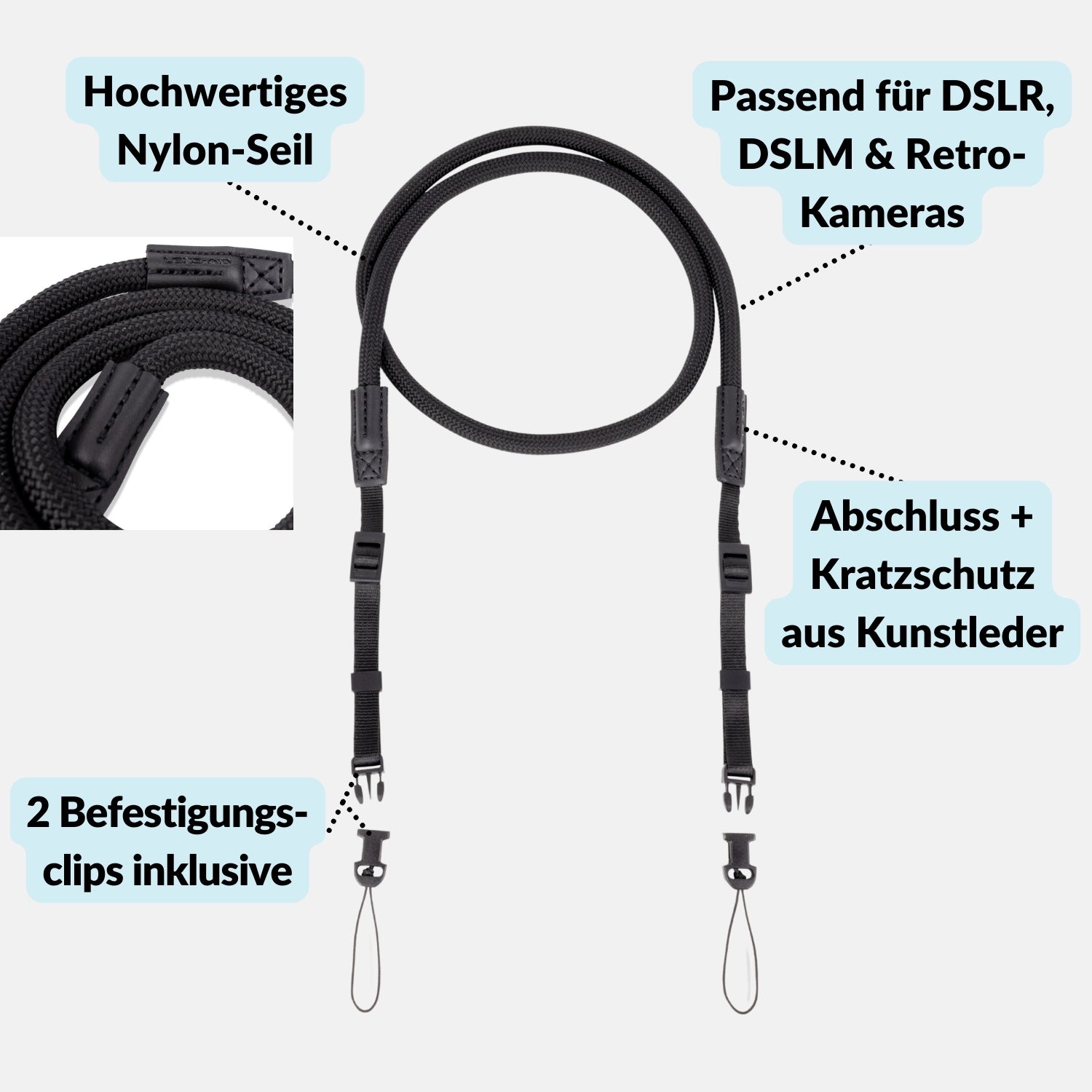 Kamera-Seilgurt ohne Ring für zu kleine oder schmale Ösen - Kamera & Foto > Kamerazubehör > Kameragurte
