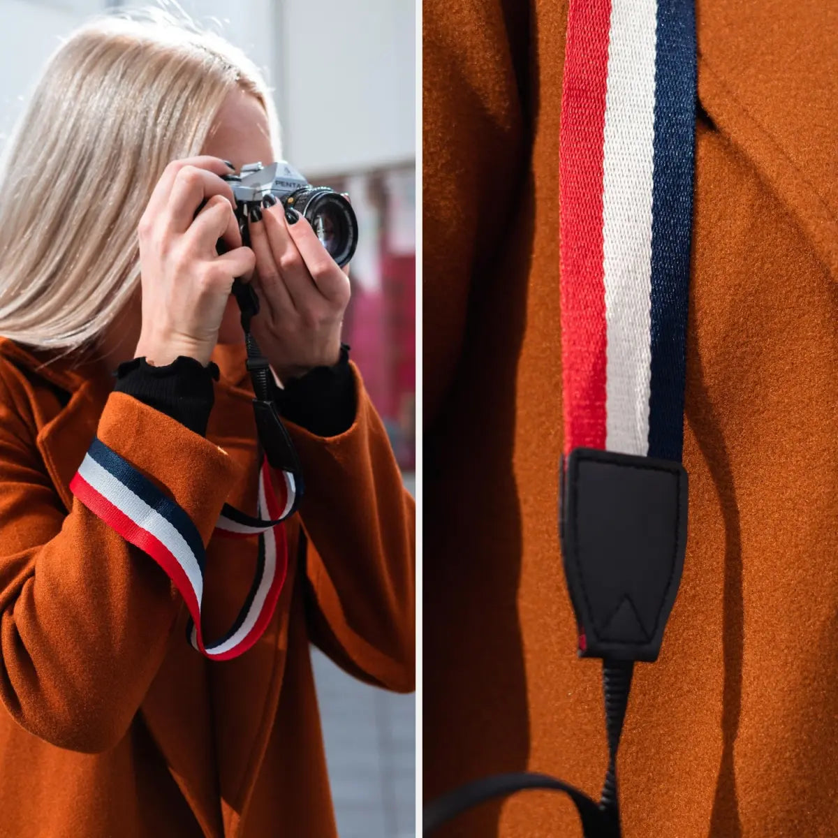 Kameragurt im schicken Streifen-Design aus Leinen