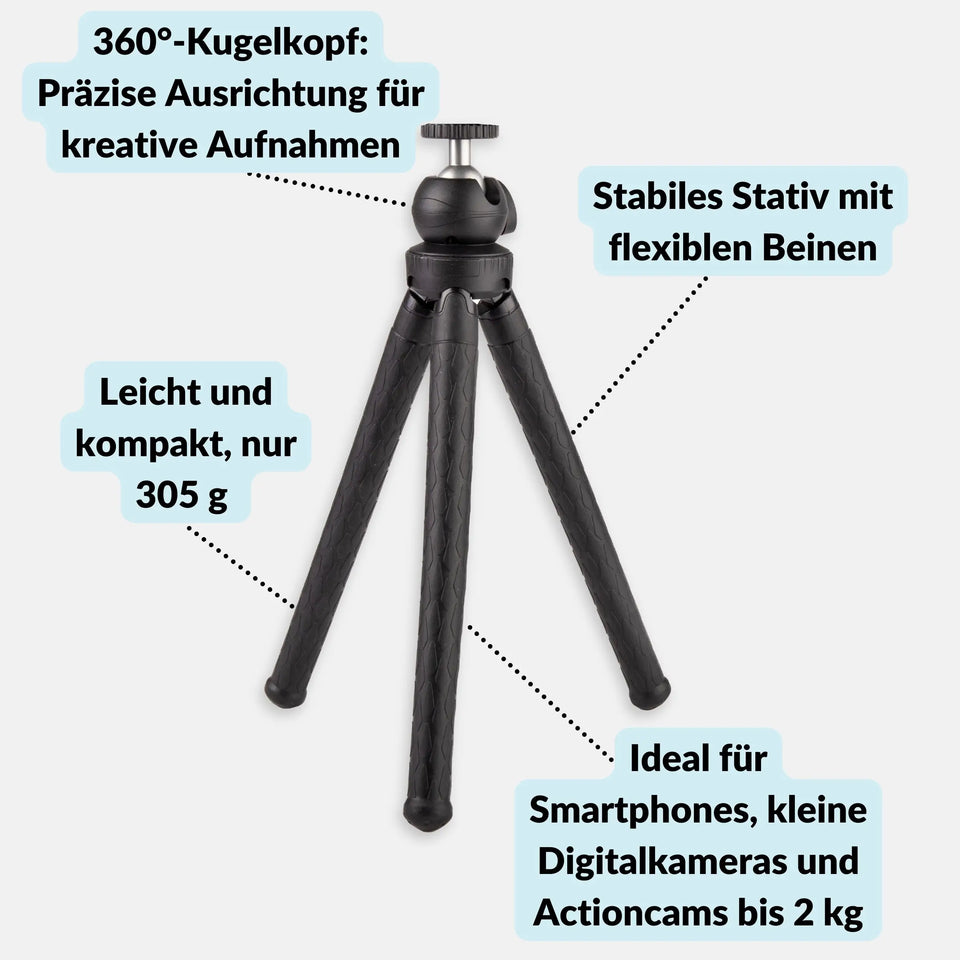 Kleines Stativ mit flexiblen Beinen & Aluminium-Kugelkopf