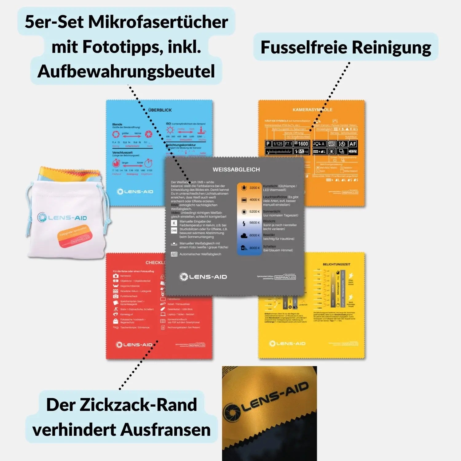 Mikrofaser-Reinigungstücher „Inspiracles Spickzettel Edition“ – 5er-Set - Kamera & Foto > Kamerazubehör Kamerareinigung