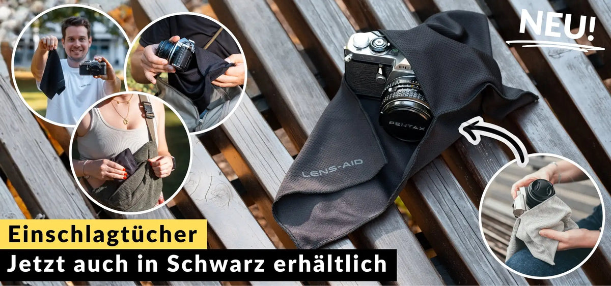 Schwarzes Tuch zur Reinigung der Kameraobjektiv-Linse mit der Aufschrift „lens-aid“slider_item_dQArye