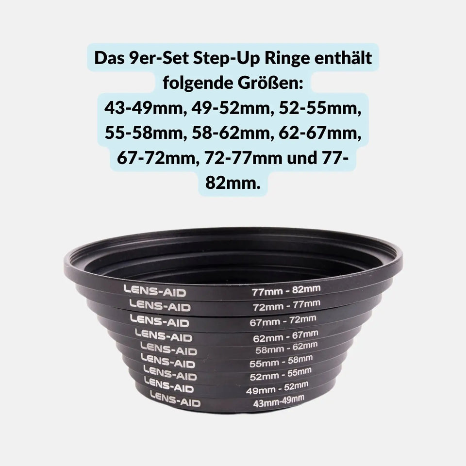 Step Up Ring Set 9-teilig – Filteradapter von 43 bis 82 mm - Kamera & Foto > Kamerazubehör Objektivzubehör Adapterringe