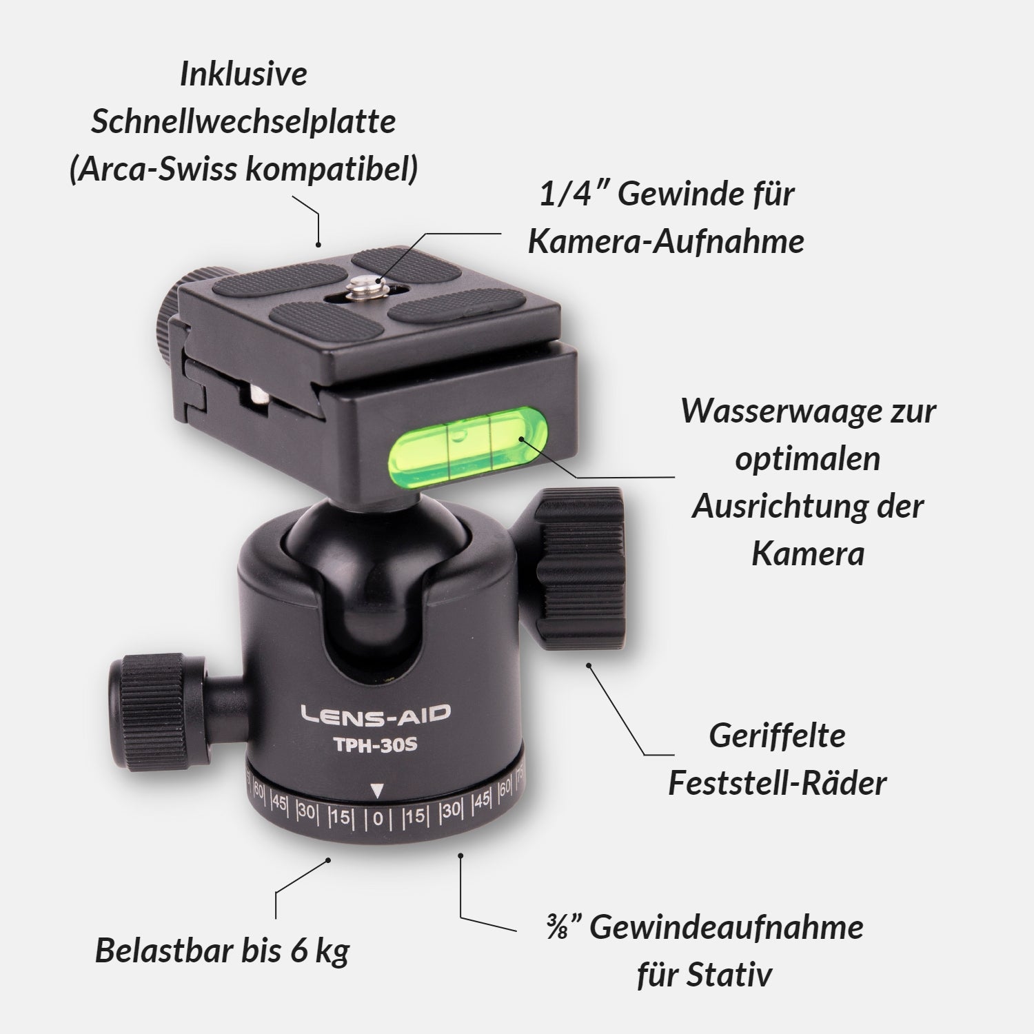 Leichter Aluminium-Stativkopf TPH-30s mit Schnellwechselplatte